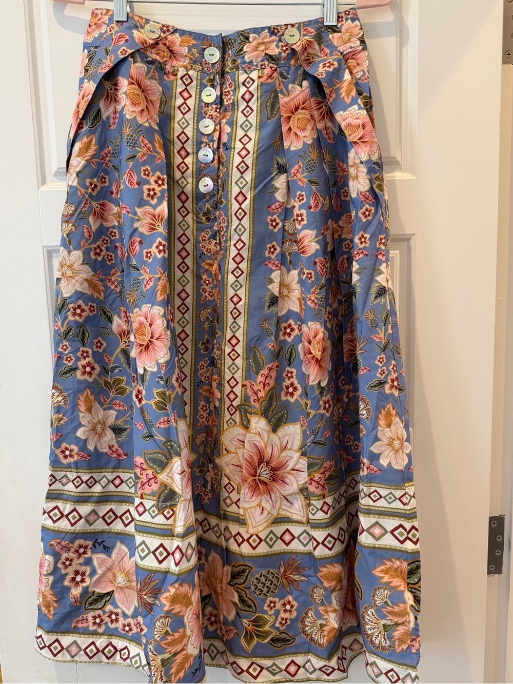 FARM Rio Blue Floral Border Midi Skirt with Pink Blossoms size S - Picture 6 of 9